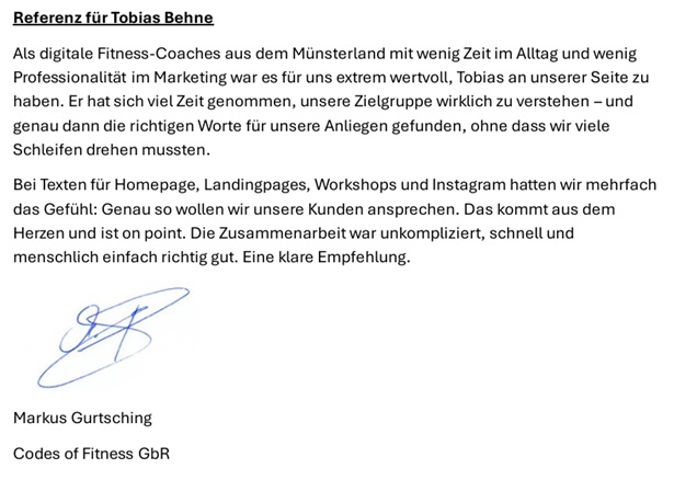 Testimonial von Markus Gurtsching, Codes of Fitness GbR, über die Zusammenarbeit mit Tobias Behne