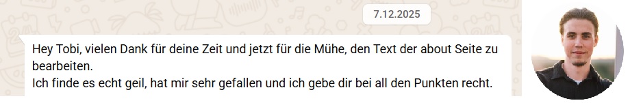 Testimonial von Ilia über die Bearbeitung der About-Seite durch Tobias Behne